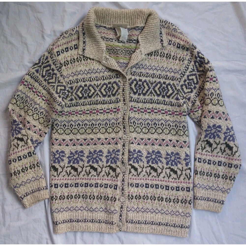 90s Cottagecore Soft Girl Wool Cotton Blend Sweater Cardigan Fair Isle Women’s M